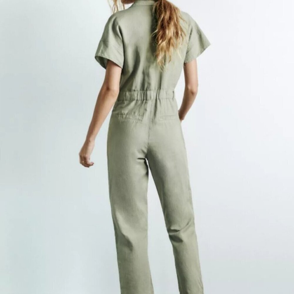 ZARA Green Khaki Linen Blend Short Sleeve Jumpsuit  SIZE S 8200/708/506 - Picture 5 of 9